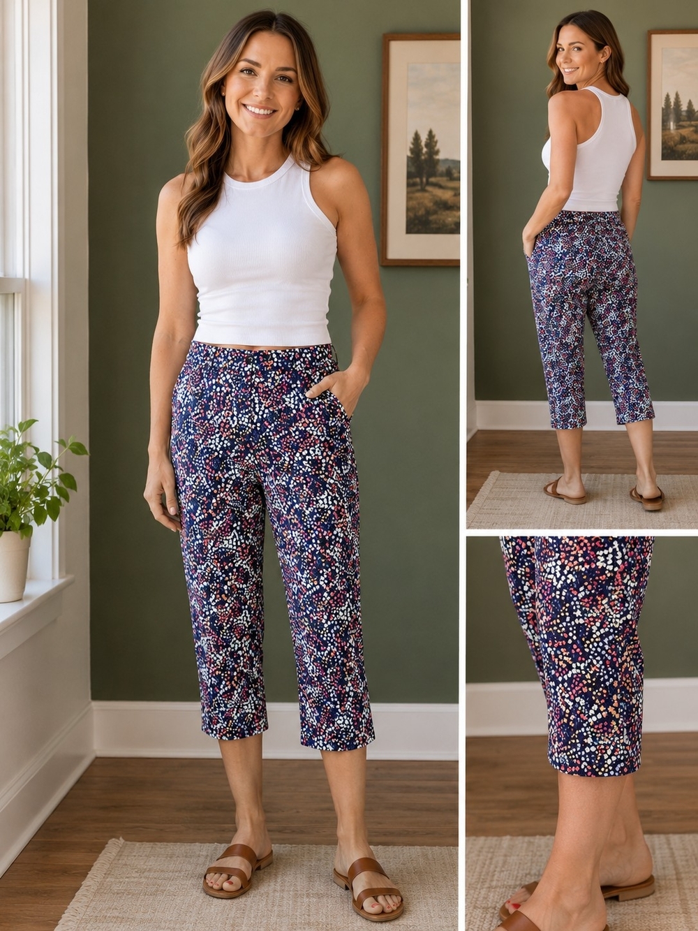 Talbots Navy Flower Print Crop Pants